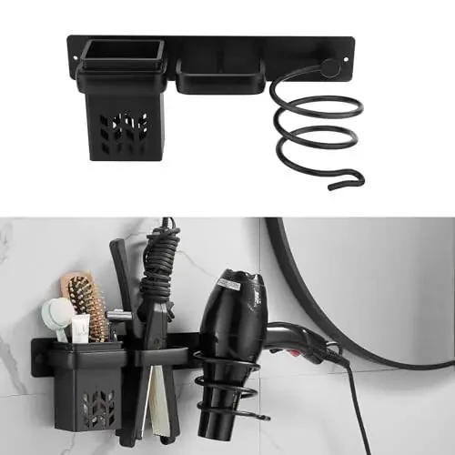 Madlife Garage Hair Tool Organizer Wall Mount, Dryer and Straightener Holder, Bathroom Hair Styling Care Tool Organizer, Multi-Functional Space Storage Bracket with Plug Hook (Black) - 1