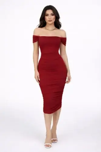 Madonna Collar Draped Midi Dress Lycra Bodycon Invitation Dress - Burgundy - 1