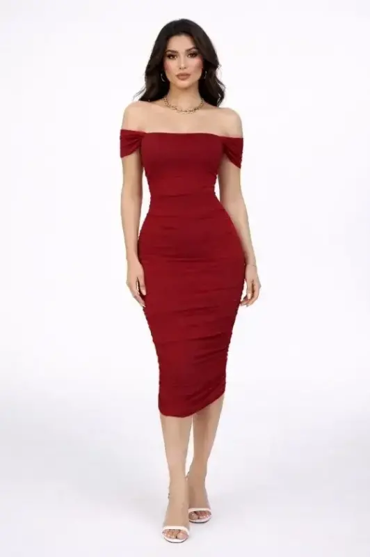 Madonna Collar Draped Midi Dress Lycra Bodycon Invitation Dress - Burgundy - 1