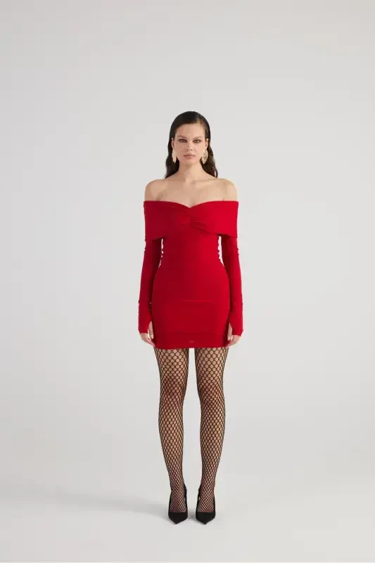 Madonna Collar Lined Mini Dreamer Dress Black Red-Red - 3