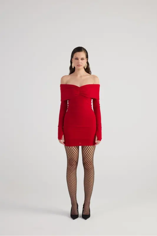 Madonna Collar Lined Mini Dreamer Dress Black Red-Red - 3