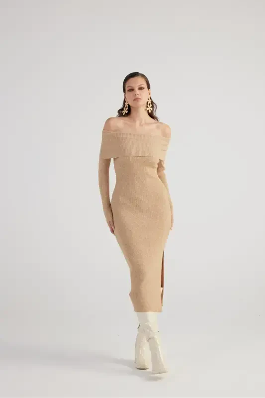 Madonna Collar Special Textured Tilda Knit Dress Beige-Beige - 2