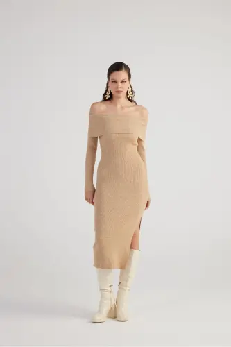 Madonna Collar Special Textured Tilda Knit Dress Beige-Beige - 1