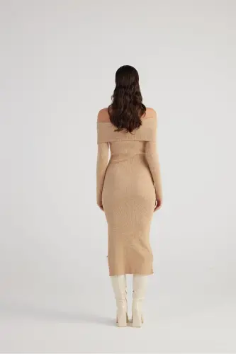 Madonna Collar Special Textured Tilda Knit Dress Beige-Beige - 4