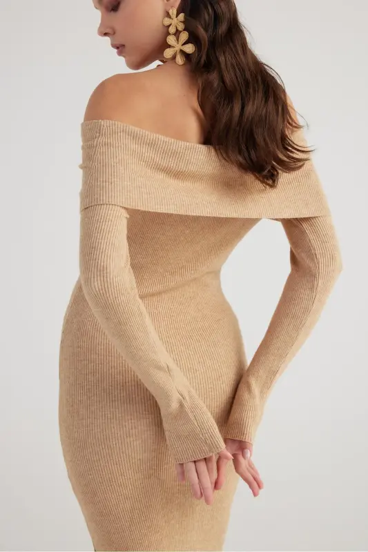 Madonna Collar Special Textured Tilda Knit Dress Beige-Beige - 6