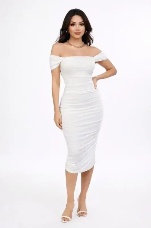 Madonna Neck Draped Midi Dress Lycra Bodycon Party Dress - White - BÜYÜKBEDENIZ