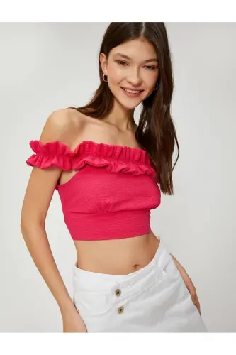 Madonna Off Shoulder Textured Ruffled Crop Top V Neck - 1