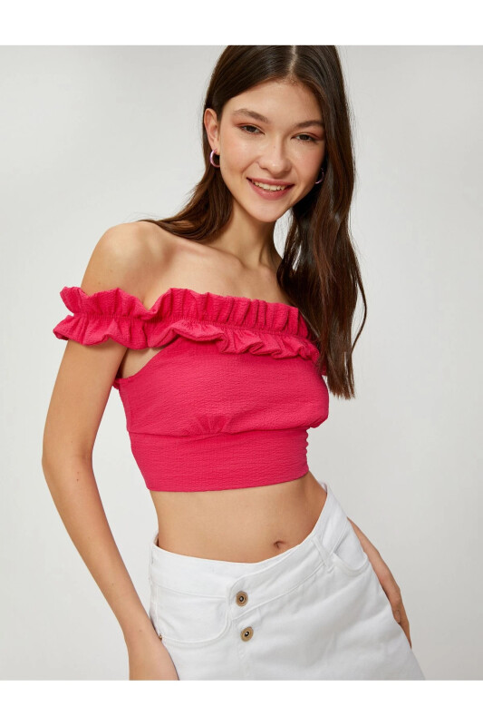 Madonna Off Shoulder Textured Ruffled Crop Top V Neck - 1