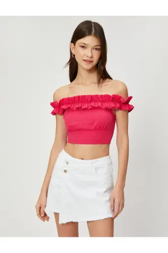 Madonna Off Shoulder Textured Ruffled Crop Top V Neck - 3