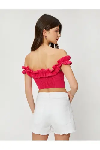 Madonna Off Shoulder Textured Ruffled Crop Top V Neck - 4