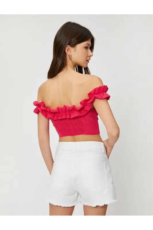 Madonna Off Shoulder Textured Ruffled Crop Top V Neck - 4
