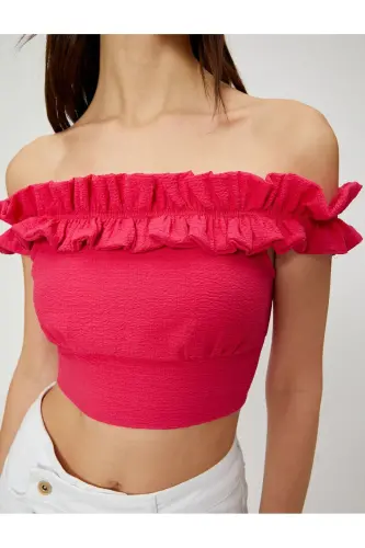 Madonna Off Shoulder Textured Ruffled Crop Top V Neck - 5