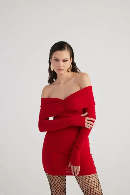 Madonna Yaka Astarlı Mini Dreamer Ko'ylak Qora Qizil-Qizil - 2