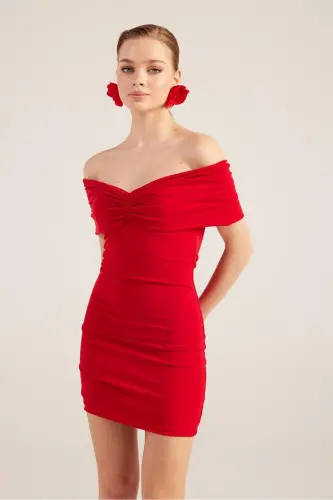 Madonna Yaka Mini Muse Elbise Kırmızı - Kırmızı - 3