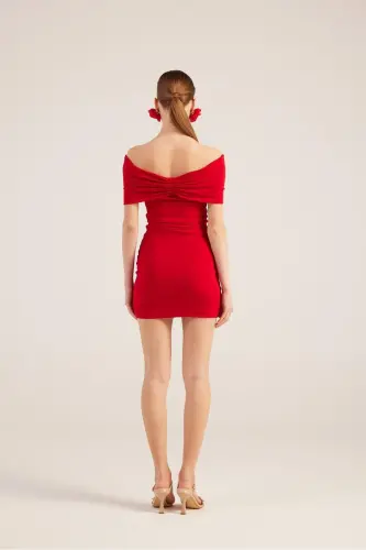 Madonna Yaka Mini Muse Elbise Kırmızı - Kırmızı - 6