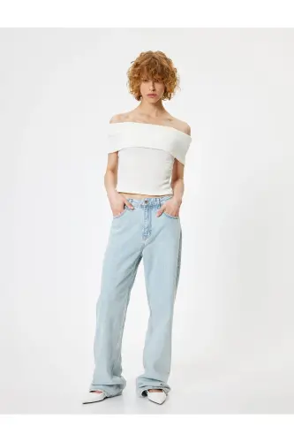 Madonna Yaka Omzu Açık Crop Bluz Kısa Kollu Bürümcük Dokulu Slim Fit - Ekru - 2