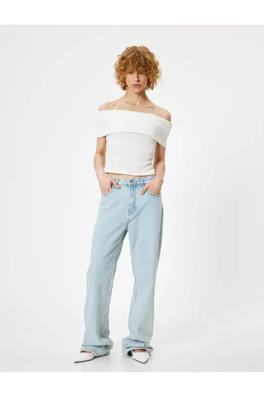 Madonna Yaka Omzu Açık Crop Bluz Kısa Kollu Bürümcük Dokulu Slim Fit - Ekru - 2