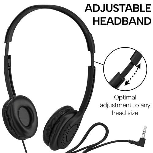 Maeline Bulk 10 Pack Kids Headphones for School with Microphones, Flexible Adjustable Headband, Comfy Faux Leather Cushions, On-Ear Stereo Headset 3.5mm Wired - Black - 2