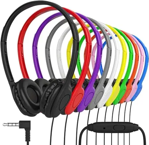 Maeline Bulk 10 Pack Kids Headphones for School with Microphones, Flexible Adjustable Headband, Comfy Faux Leather Cushions, On-Ear Stereo Headset 3.5mm Wired - Multicolors 
