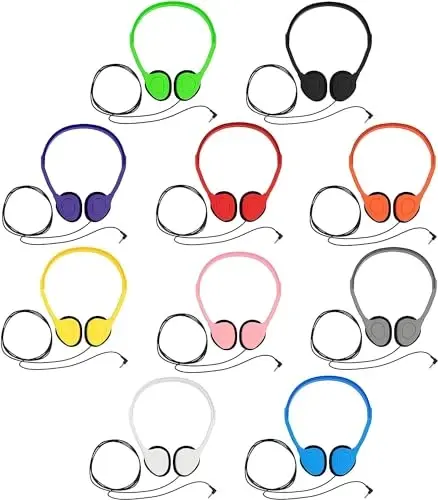 Maeline Bulk Classroom Headphones for Students, 10 Pack On-Ear Wired Headsets, Adjustable, Lightweight, 3.5mm Plug, School Testing, Library, Travel, Labs – Multi Color - 2
