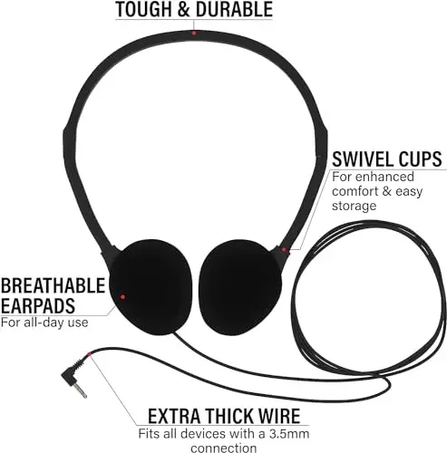 Maeline Bulk Classroom Student Headphones On Ear Stereo Headphones Flexible Adjustable Band for Kids Online Learning, Library, School, Airplane, Travel - 3.5mm Plug - 100 Pack - Multi - 4
