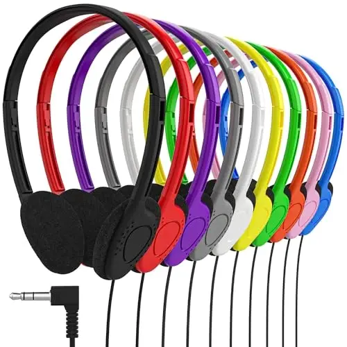 Maeline Bulk Classroom Student Headphones On Ear Stereo Headphones Flexible Adjustable Band for Kids Online Learning, Library, School, Airplane, Travel - 3.5mm Plug - 20 Pack - Multi - MAELINE