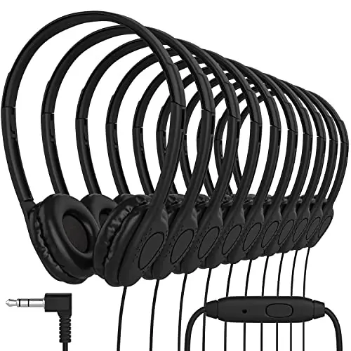 Maeline Bulk Classroom Student Headphones with Microphone, On Ear Stereo Headphones with Mic & Faux Leather Cushions for Kids Online Learning, Library, School, Airplane - 3.5mm - 1000 Pack - Black 