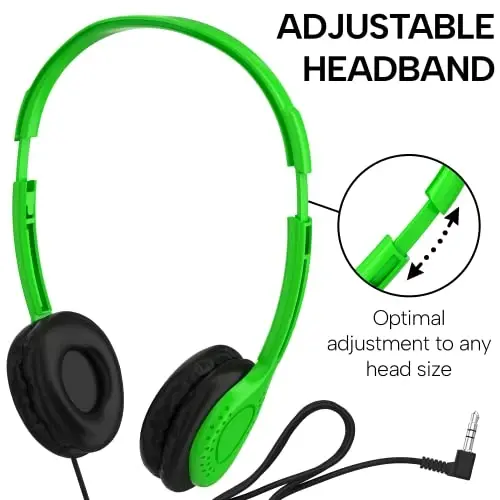 Maeline Bulk Classroom Student Mikrofonli naushniklar, bolalar uchun onlayn o'qish, kutubxona, maktab, samolyot, sayohat uchun mik va sun'iy charm yostiqli quloq usti stereo naushniklar - 3,5 mm ulagich - 200 dona - 3