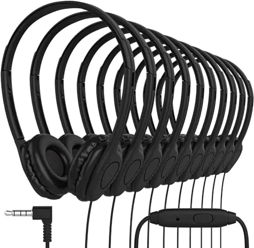 Maeline Bulk Headphones with Microphone, On Ear Stereo Headphones with Mic & Faux Leather Cushions for Kids Online Learning, Classroom, Library, School, Airplane, Travel - 3.5mm Plug - 50 Pack - Black 