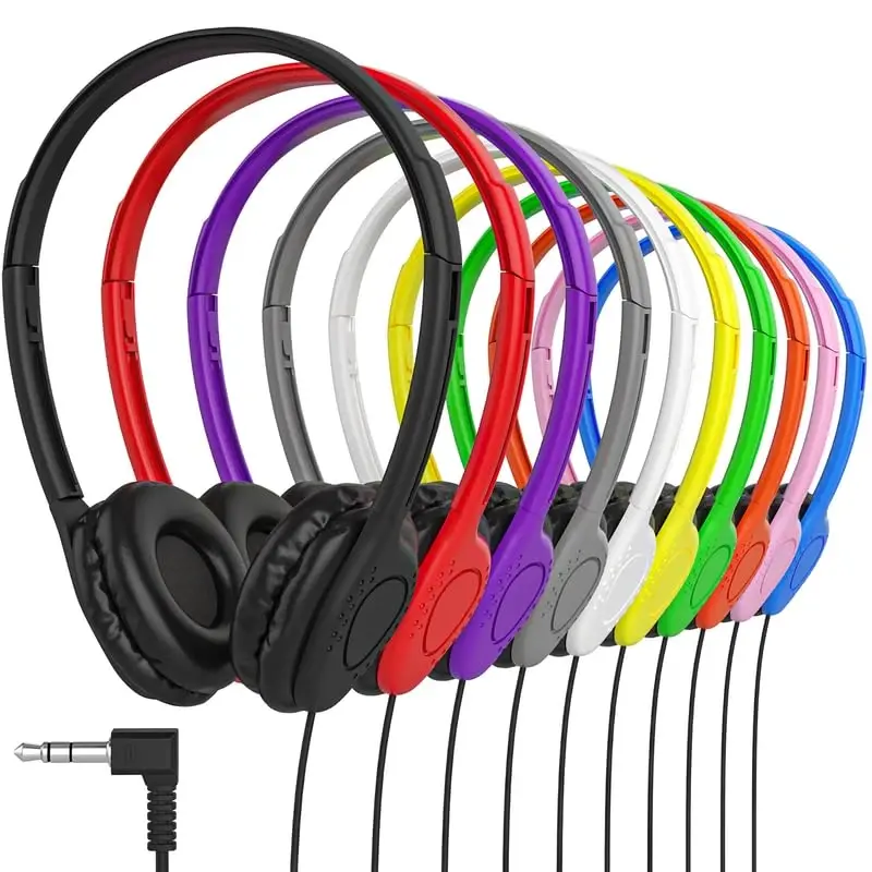 Maeline Kids Headphones for School Classroom K-12, Library, Museum, Travel, On Ear Stereo Headset with Adjustable Band & Faux Leather Cushions - 3.5mm Plug - 500 Pack - Multicolors - MAELINE
