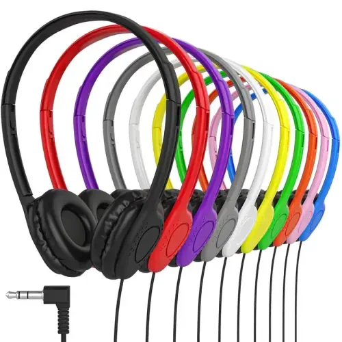 Maeline Kids Headphones for School Classroom K-12, Library, Museum, Travel, On Ear Stereo Headset with Adjustable Band & Faux Leather Cushions - 3.5mm Plug - 200 Pack - Multicolors 