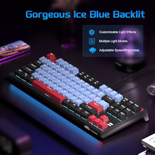 MageGee 80% TKL Mechanical Gaming Keyboard, Blue LED Backlit Keyboard with Brown Switches, Compact 87 Keys Tenkeyless Wired PC Gaming Keyboard with Side Light for Win Mac PC Office (Black Blue) - 2