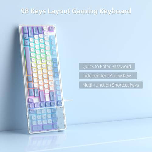 MageGee 96% Gaming Keyboard, Rainbow Backlit 98 Keys Compact Computer Keyboard, USB Wired Ergonomic Gaming Keyboard for PC,Mac,Laptop-Blue White Purple - 4