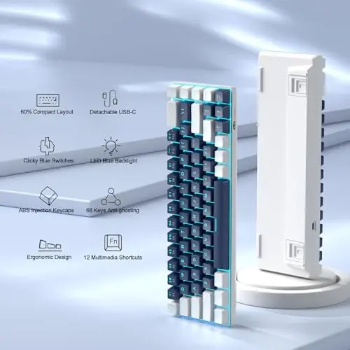 MageGee Ko'chma 60% mexanik o'yin klaviaturasi, MK-Box LED yoritgichli ixcham 68 tugmali mini simli ofis klaviaturasi Windows noutbuk kompyuter Mac uchun - Moviy/Oq - 2