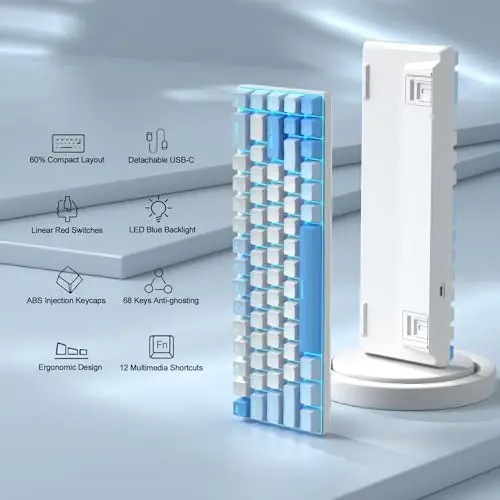 MageGee ko'chma 60% mexanik o'yin klaviaturasi, MK-Box LED yoritgichli ixcham 68 tugmali mini simli ofis klaviaturasi, Windows noutbuk kompyuter Mac uchun qizil kalit - Osmon Moviy - 2