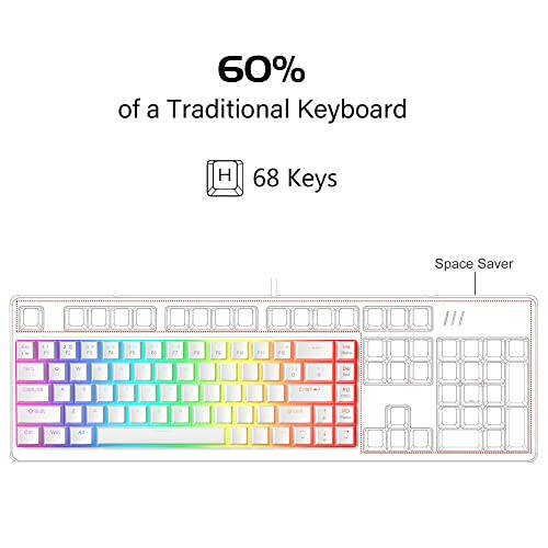 MageGee Ko'chma 60% Mexanik O'yin Klaviaturasi, Qizil Kalit, PBT Pudra Kalit Qopqoqlari RGB Orqa Yoritishli Kompakt 68 Kalitli Mini Simli Ofis Klaviaturasi Windows Noutbuk PC uchun - Oq - 2