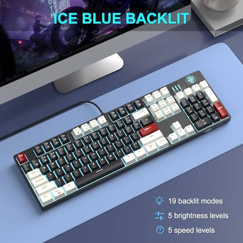 MageGee Mechanical Gaming Keyboard MK-Armor LED Blue Backlit and Wired USB 104 Keys Keyboard with Blue Switches, for Windows PC Laptop Game(White&Black) - 5