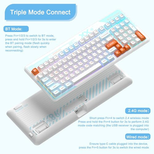 MageGee Mekanik Klavye Cloud98 RGB Arka Aydınlatma Üçlü Mod 2.4GHz/BT/USB-C Kablolu Oyun Klavyesi, Contalı Montaj PBT Malzeme 98 Tuş Sıcak Değiştirilebilir Klavye (Aqua Star Mavi Balina Anahtarı) - 4