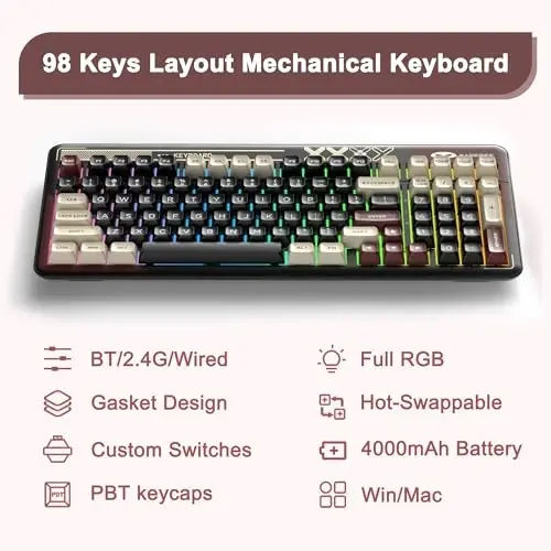 MageGee Mechanical Keyboard Cloud98 RGB Backlight Triple Mode 2.4GHz/BT/USB-C Wired Gaming Keyboard，Gasket Mounted PBT Material 98 Keys Hot-Swappable Keyboard （Red Mist Blue Whale Switch） - 2