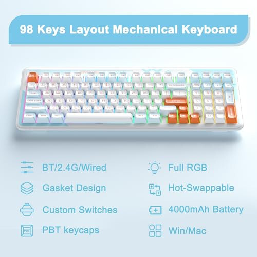 MageGee Mexanik Klaviatura Cloud98 RGB Orqa Yoritilishi Uch Rejimli 2.4GHz/BT/USB-C Simli O'yin Klaviaturasi, Prokladka O'rnatilgan PBT Material 98 Tugma Issiq almashtiriladigan Klaviatura (Aqua Star Movi Kit Switch) - 2