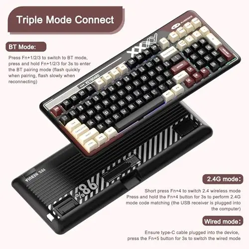 MageGee mexanik klaviatura Cloud98 RGB yoritgich Triple Mode 2.4GHz/BT/USB-C simli oʻyin klaviaturasi, Gasket Mounted PBT Material 98 Keys Hot-Swappable klaviatura (Red Mist Blue Whale Switch) - 4