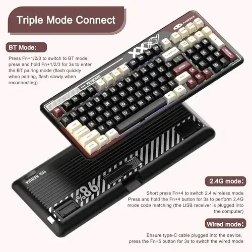 MageGee mexanik klaviatura Cloud98 RGB yoritgich Triple Mode 2.4GHz/BT/USB-C simli oʻyin klaviaturasi, Gasket Mounted PBT Material 98 Keys Hot-Swappable klaviatura (Red Mist Blue Whale Switch) - 4
