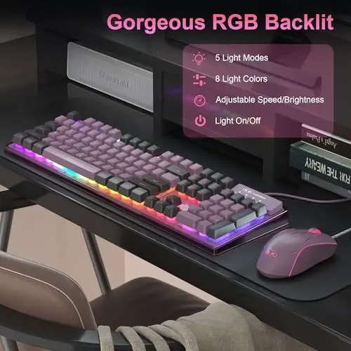 Gaming Keyboard and Mouse Combo, K1 RGB LED Backlit Keyboard with 104 Key Computer PC Gaming Keyboard for PC/Laptop (Blackcurrant) - 3