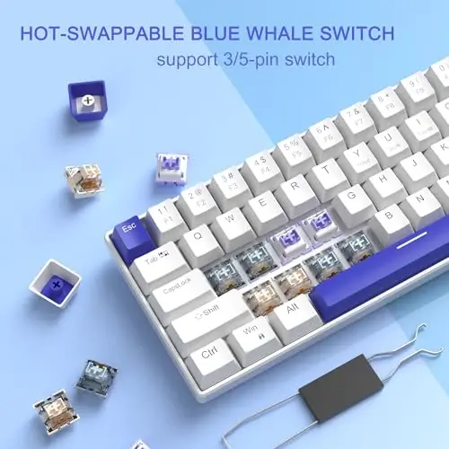 MageGee Portable 60% Mechanical Gaming Keyboard, RGB Backlit Compact 68 Keys Wired Mini Keyboard for Laptop PC Mac, Hot Swappable, Blue Whale Switch - White - 1