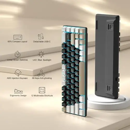 MageGee Portable 60% Mechanical Gaming Keyboard, MK-Box LED Backlit Compact 68 Keys Mini Wired Office Keyboard with Brown Switch for Windows Laptop PC Mac - Black/Coffee Color - 2