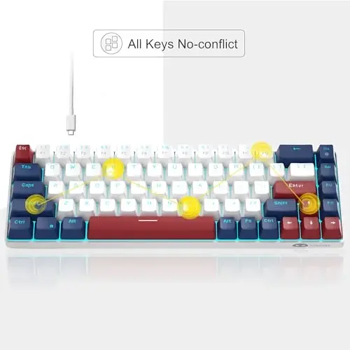 MageGee Portable 60% Mechanical Gaming Keyboard, MK-Box LED Backlit Compact 68 Keys Mini Wired Office Keyboard with Red Switch for Windows Laptop PC Mac - White/Blue - 5