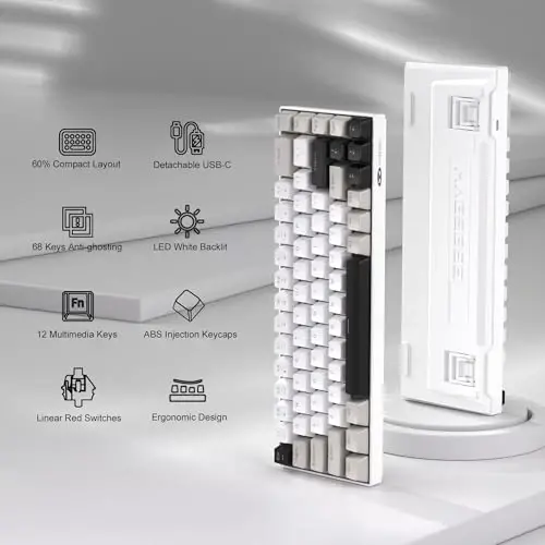 MageGee Portable 60% Mechanical Gaming Keyboard, MK-Box LED White Backlit Compact 68 Keys Mini Wired Office Keyboard with Red Switch for Windows Laptop PC Mac - Grey - MAGEGEE (1)