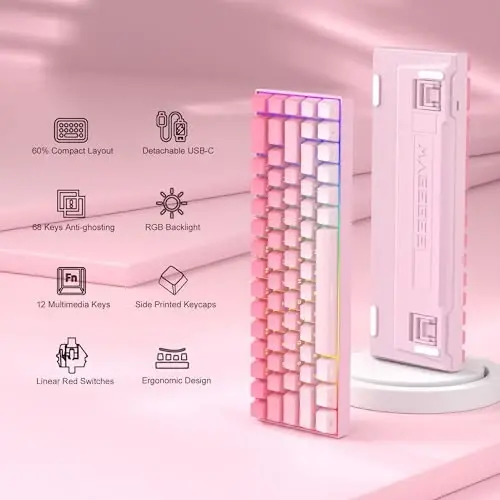 MageGee Portable 60% Mechanical Gaming Keyboard, RGB Backlit Compact 68 Keys Mini Wired Office Keyboard with Red Switches for Laptop PC Mac, Side Printed Keycap - Pink - 3