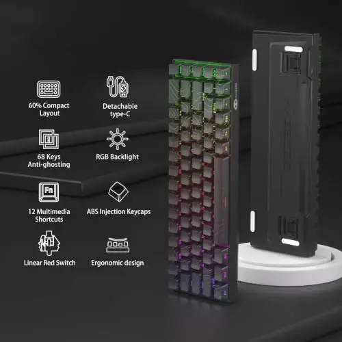 MageGee Portable 60% Mechanical Gaming Keyboard, RGB Backlit Compact 68 Keys Mini Wired Office Keyboard with Red Switches for Laptop PC Mac - Black Contour Lines - MageGee (1)