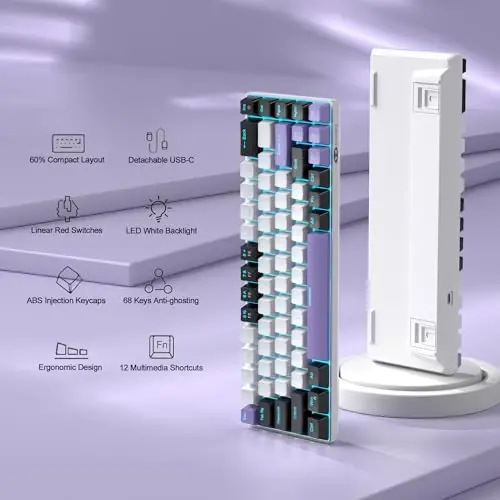 MageGee Portable 60% mexanik oʻyin klaviaturasi, MK-Box LED yoritgichli ixcham 68 tugmali mini simli ofis klaviaturasi, Windows noutbuk kompyuter Mac uchun qizil kalit bilan - oq/binafsha - 2